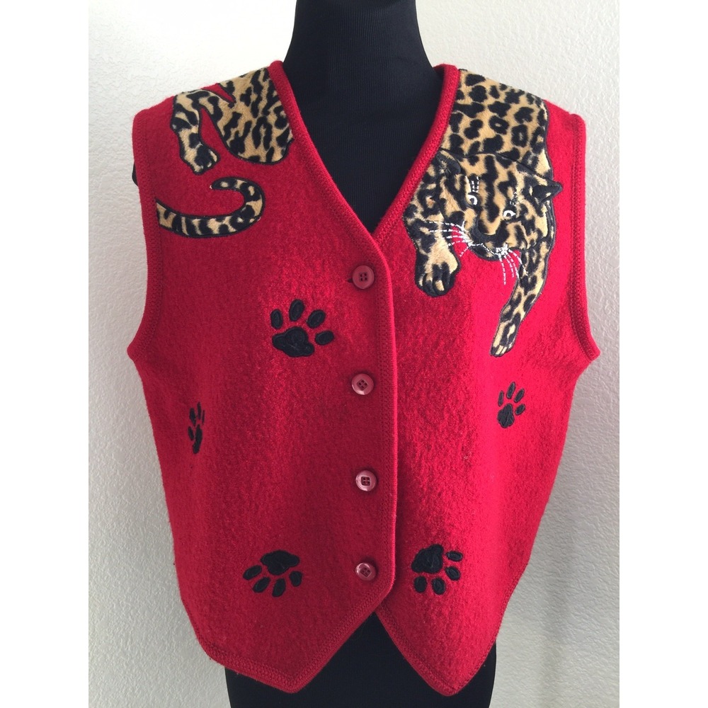 LISA INTERNATIONAL Women Pefite Vest Red Leopard paws 100% Boiled Wool Size‎ PM - Picture 5 of 6